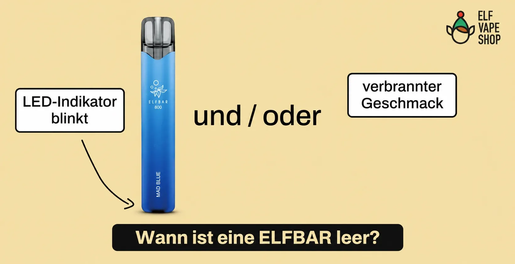 ELFBAR 800 mit Hinweisen auf blinkende LED und verbrannten Geschmack