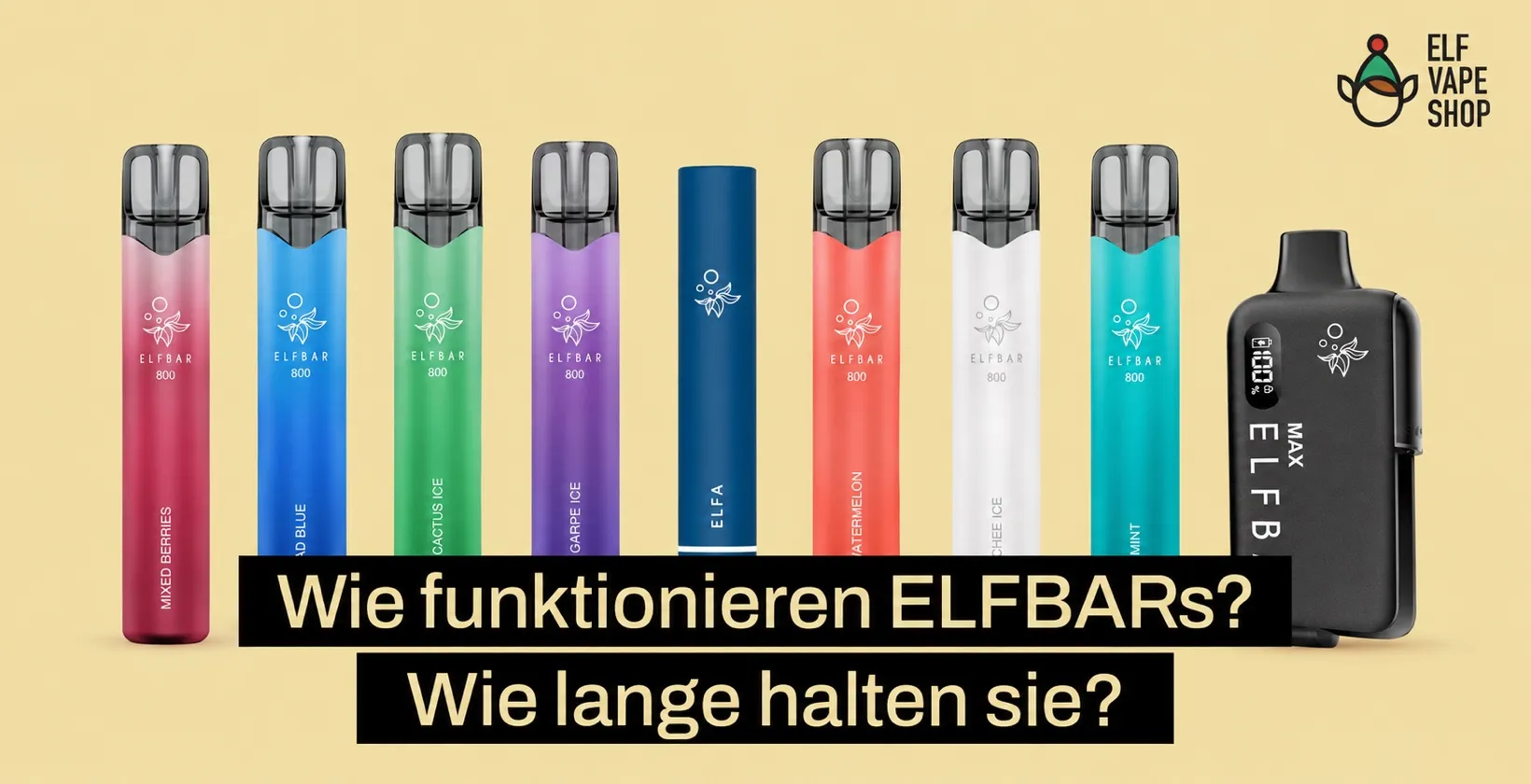 ELFBAR 800 in vielen Farben, ELFA Akku und ELFBAR MAX nebeneinander